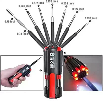 Compact 8 In 1 Multi Screwdriver Tool Set With 6 LED Torch