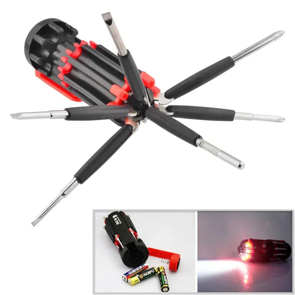 Compact 8 In 1 Multi Screwdriver Tool Set With 6 LED Torch